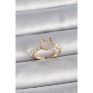 Pirinç Gold Renk Ayarlanabilir Beyaz Mineli Kedi Model İnci Detay Kadın Yüzük