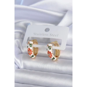 Pirinç Gold Renk Beyaz Renk Çiçek İşleme Detay Kadın Küpe