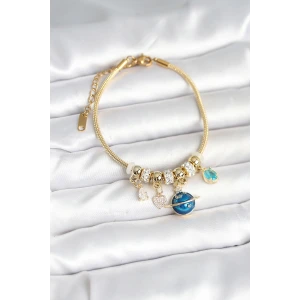 Pirinç Gold Renk Dünya Charmlı Kadın Bileklik