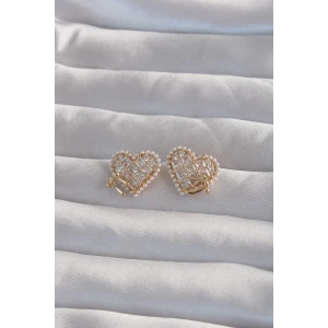 Pirinç Gold Renk Fiyonk Detay İncili Zirkon Taşlı Kalp Küpe