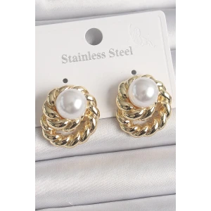 Pirinç Gold Renk İncili Sarmal Burgu Model Kadın Küpe