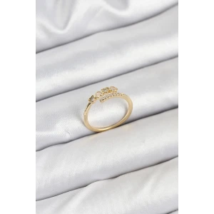 Pirinç Gold Renk Kalpli Detaylı Zirkon Taşlı Kadın Yüzük