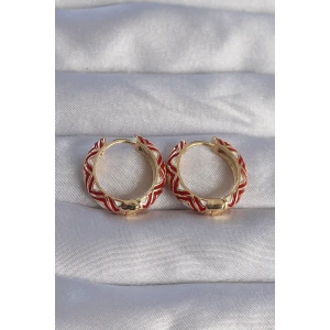 Pirinç Gold Renk Kırmızı Etnik Desenli Halka Küpe