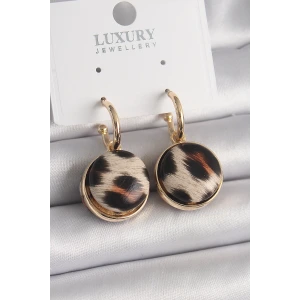 Pirinç Gold Renk Leopar Desenli Daire Model Kadın Küpe