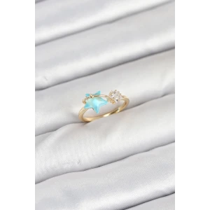 Pirinç Gold Renk Mavi Yıldızlı Model Kadın Yüzük