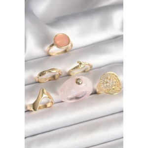 Pirinç Gold Renk Pembe Plastik Yüzük Model Daire Pembe Mine Yılan Detay 6Lı Kadın Yüzük Seti