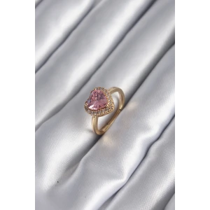 Pirinç Gold Renk Pembe Zirkon Taş Kalp Charm Model Kadın Yüzük