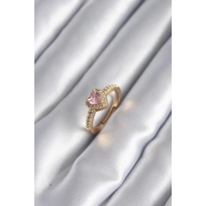 Pirinç Gold Renk Pembe Zirkon Taş Kalp Charm Model Kadın Yüzük