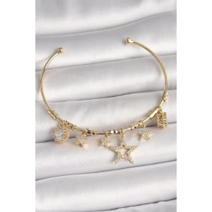 Pirinç Gold Renk Sallantı Zirkon Taşlı Yıldız Model Kalp Detay Charm Kadın Bileklik