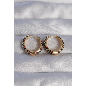 Pirinç Gold Renk Siyah Etnik Desenli Halka Küpe