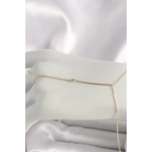 Pirinç Gold Renk Su Yolu Zirkon Taşlı Mavi Taş Detaylı Kadın Şahmeran