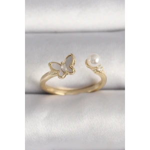 Pirinç Gold Renk Zirkon Taş Detaylı Beyaz Mineli Kelebek Model İnci Detay Ayarlanabilir Yüzük