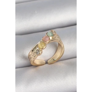 Pirinç Gold Renk Zirkon Taş Detaylı Karışık Mineli Ayarlanabilir Kadın Yüzük