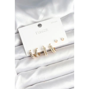 Pirinç Gold Renk Zirkon Taşlı 925 Gümüş Çivili Kadın Küpe Seti