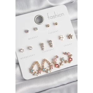 Pirinç Gold Renk Zirkon Taşlı Damla Model Yıldız Detaylı 7 Çift Kadın Küpe Seti