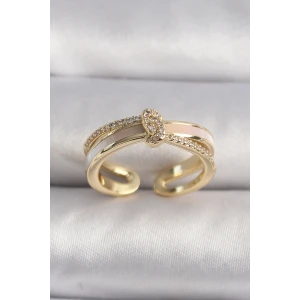 Pirinç Gold Renk Zirkon Taşlı Düğüm Model VIP Seri Kadın Yüzük