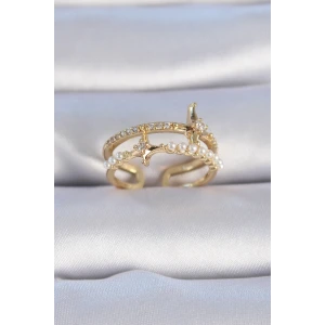 Pirinç Gold Renk Zirkon Taşlı İnci Detay Kutup Yıldızı Model Kadın Yüzük