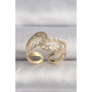 Pirinç Gold Renk Zirkon Taşlı İnci Detay VIP Seri Kadın Yüzük