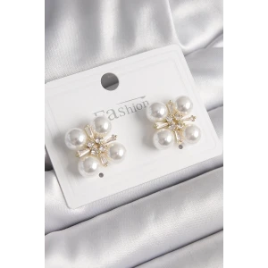 Pirinç Gold Renk Zirkon Taşlı İncili Kadın Küpe