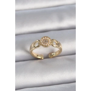 Pirinç Gold Renk Zirkon Taşlı İncili Kalp İşleme Detay Ayarlanabilir Kadın Yüzük