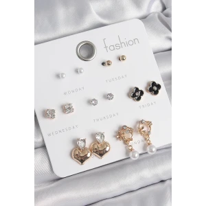 Pirinç Gold Renk Zirkon Taşlı Kalp Figür Siyah Yonca Detay 7 Çift Kadın Küpe Seti