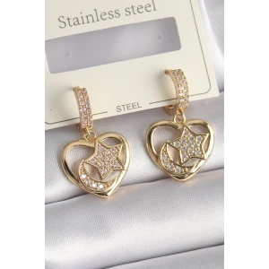 Pirinç Gold Renk Zirkon Taşlı Kalp Model Ay Yıldız İşleme Kadın Küpe