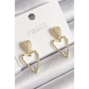 Pirinç Gold Renk Zirkon Taşlı Kalp Model Kadın Küpe