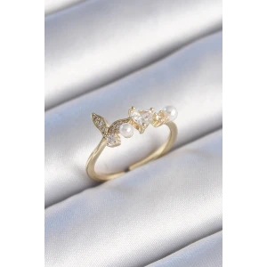 Pirinç Gold Renk Zirkon Taşlı Kalp Yaprak Model İnci Detay Kadın Yüzük