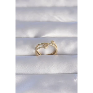 Pirinç Gold Renk Zirkon Taşlı Kalpli Model Ayarlanabilir Yüzük