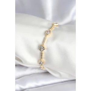 Pirinç Gold Renk Zirkon Taşlı Kalpli Model Kadın Bileklik