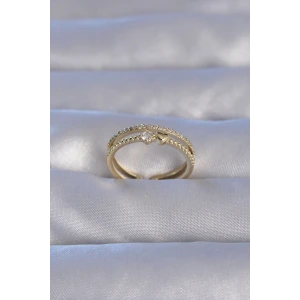 Pirinç Gold Renk Zirkon Taşlı Kalpli Su Yolu Model Ayarlanabilir Yüzük