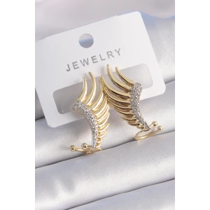 Pirinç Gold Renk Zirkon Taşlı Kanat Model Kadın Küpe