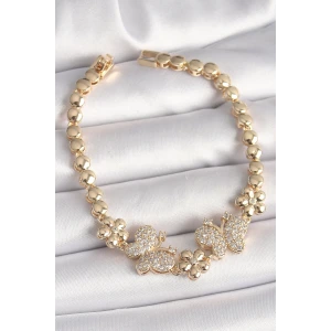 Pirinç Gold Renk Zirkon Taşlı Kelebek Figür Çiçek Zincir Model Kadın Bileklik