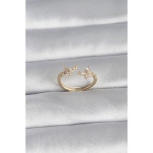 Pirinç Gold Renk Zirkon Taşlı Kelebek Model Kadın Yüzük