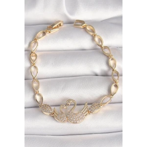 Pirinç Gold Renk Zirkon Taşlı Kuğu Figür Damla Zincir Model Kadın Bileklik