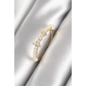 Pirinç Gold Renk Zirkon Taşlı Kurdele İnci Detay Kadın Yüzük