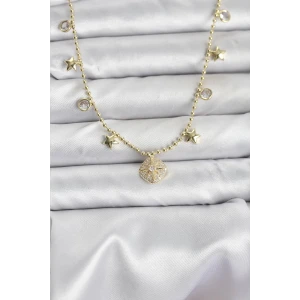 Pirinç Gold Renk Zirkon Taşlı Kutup Yıldızı Model Kadın Kolye
