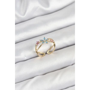 Pirinç Gold Renk Zirkon Taşlı Mavi Çiçekli Kadın Yüzük