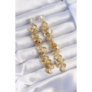 Pirinç Gold Renk Zirkon Taşlı Minimal Deniz Kabuklu Sallantılı Küpe