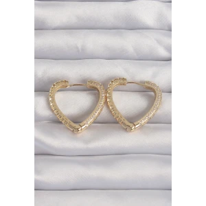 Pirinç Gold Renk Zirkon Taşlı Motifli Kalp Küpe