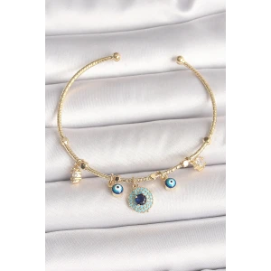Pirinç Gold Renk Zirkon Taşlı Nazar Boncuk Detay Charm Kadın Bileklik