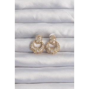 Pirinç Gold Renk Zirkon Taşlı Oval Form Küpe