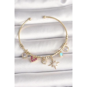 Pirinç Gold Renk Zirkon Taşlı Sallantı Kutup Yıldız Figür İnci Detay Charm Kadın Bileklik