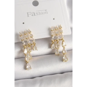 Pirinç Gold Renk Zirkon Taşlı Yağmur Model Kadın Küpe