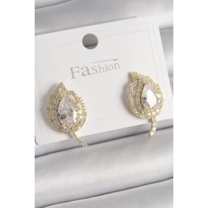Pirinç Gold Renk Zirkon Taşlı Yaprak Model Kadın Küpe