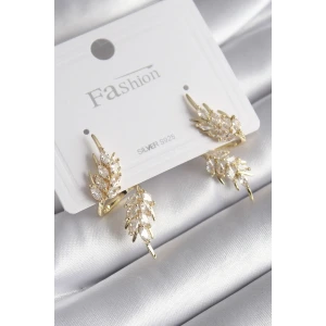 Pirinç Gold Renk Zirkon Taşlı Yaprak Model Kadın Küpe