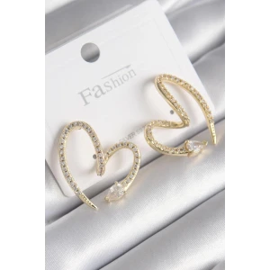 Pirinç Gold Renk Zirkon Taşlı Yılan Kalp Model Kadın Küpe