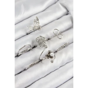 Pirinç Gül Kelebek Model Gümüş Renk Kadın Yüzük Kombin Set