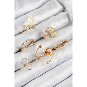 Pirinç Gül Kelebek Model Gümüş Renk Kadın Yüzük Kombin Set