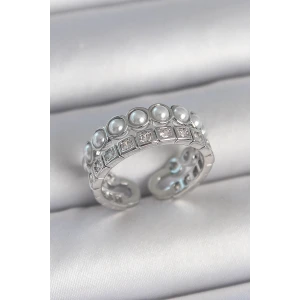 Pirinç Gümüş Renk 2Li Sıra Zirkon Taşlı Ve İncili Ayarlanabilir Kadın Yüzük